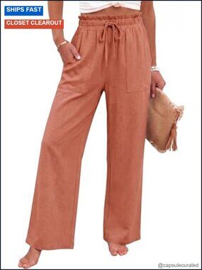 Wide Leg High Waisted Linen Blend Palazzo Pants with Pockets Drawstring